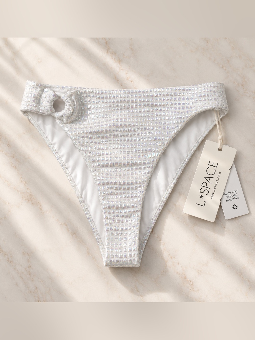 L*SPACE Jones Bitsy Bikini Bottom in Opalescent Gator Textured White Silver NEW